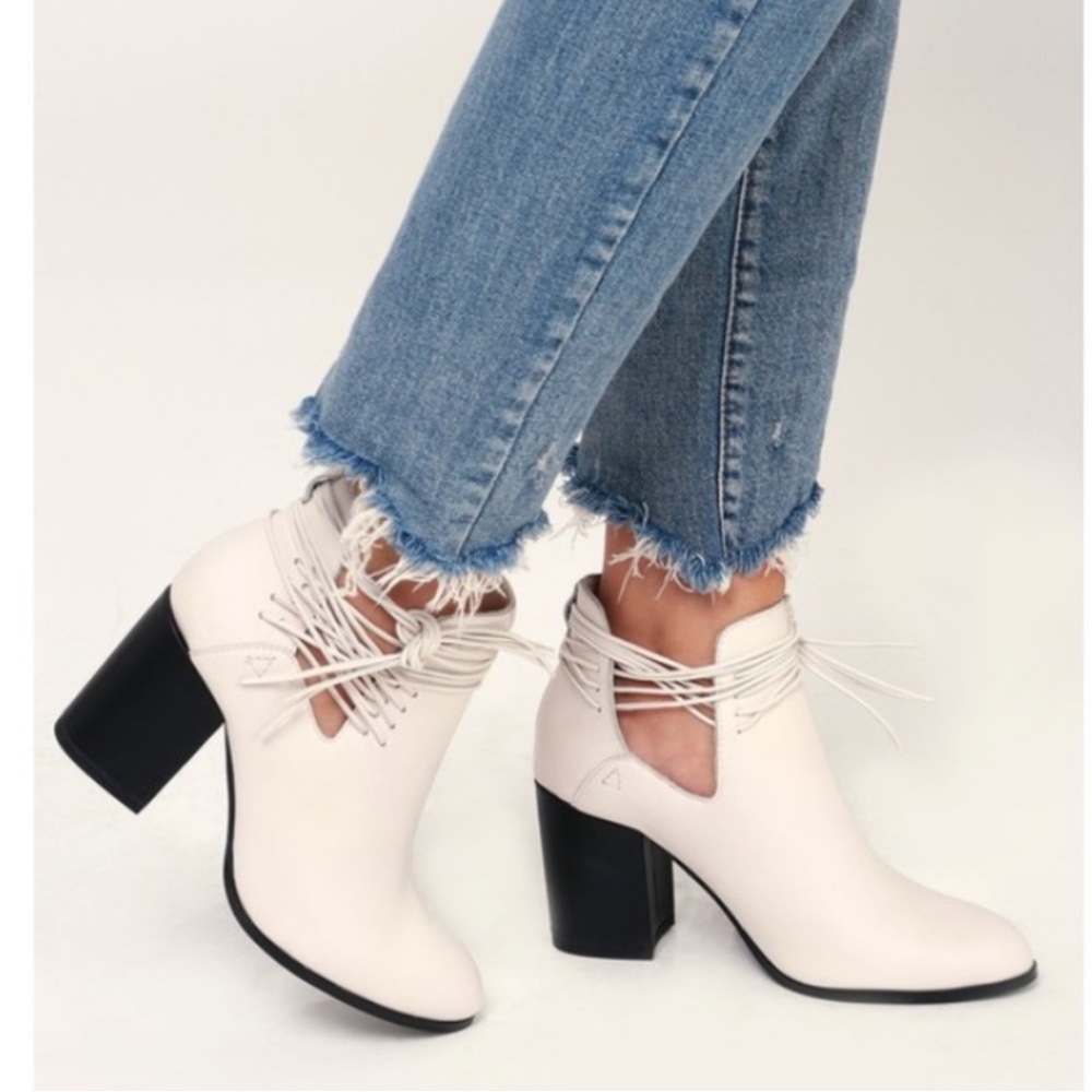 Kelsi Dagger white leather bootie tie wrap block heel rounded pointy toe